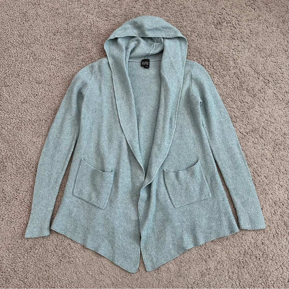 Eileen Fisher Knit Grey Blue Hooded Open Front Cardigan Womens S Wool Nylon Silk